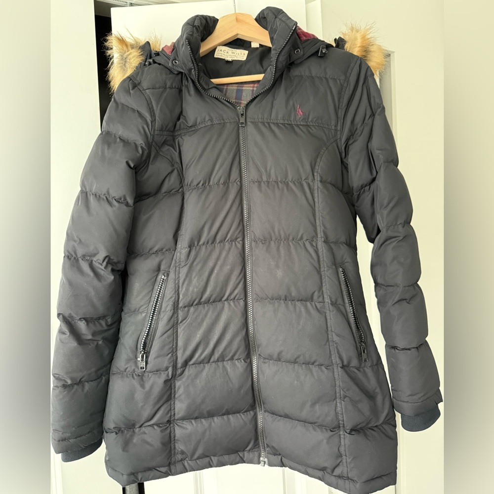 Jack Wills black Puffer Jacket with detachable hood and Fur Trim